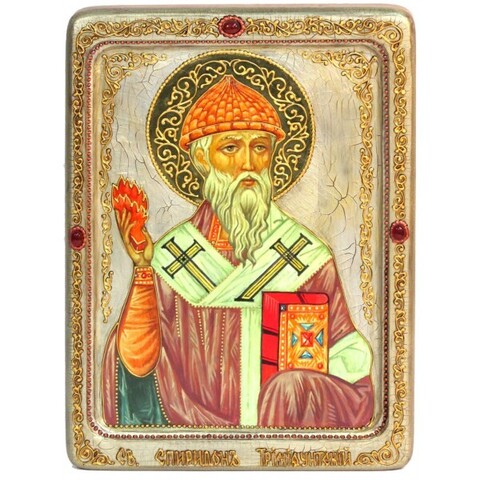 Живописная инкрустированная икона Святитель Спиридон Тримифунтский 29х21см на кипарисе