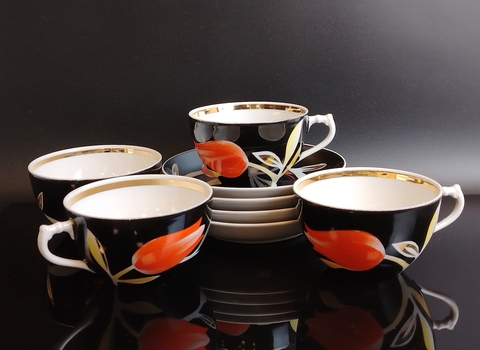 Чайные пары набор на 4 персоны, 8 предметов, фарфор Дулево ФЗ, "Тюльпаны", роспись, позолота, винтаж СССР 1966 год