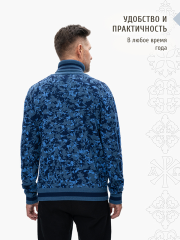 Свитер «Пиксельный камуфляж» синего цвета, воротник-гольф