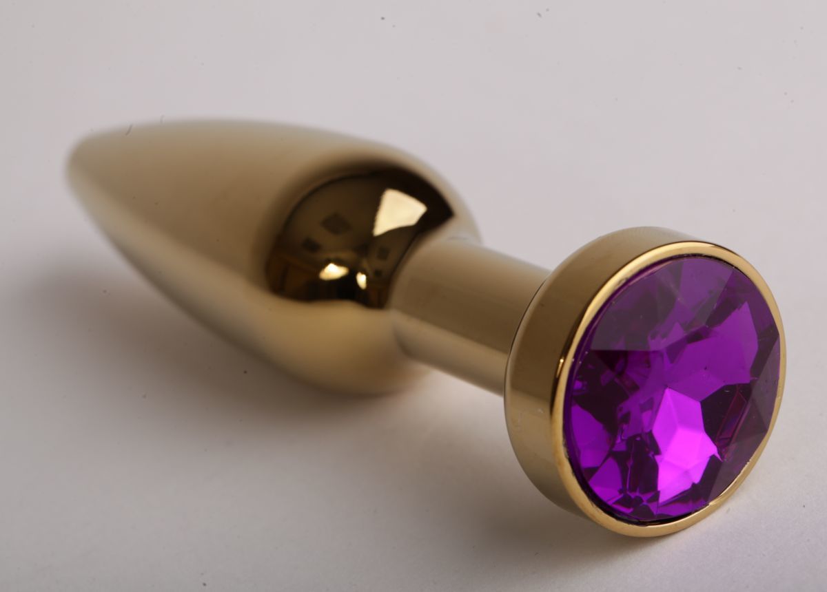 Золотистая анальная пробка с фиолетовым кристаллом - 11,2 см.