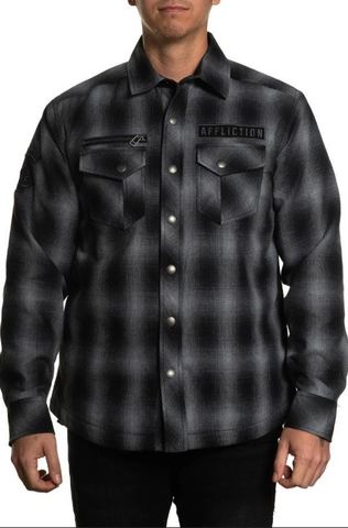 Affliction | Рубашка фланелевая утепленная мужская FALTER FLANNEL JACKET 110OW374 перед на модели