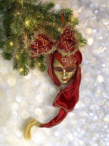Елочная игрушка Маска 15см ChristmasDeLuxe premium collection красно-золотая