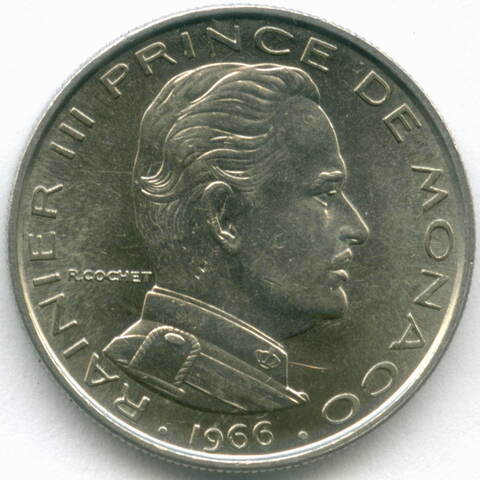 1 франк 1966 год. Монако (Ренье III). Медно-никель AU