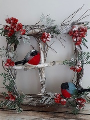 Снегирь, птичка зимняя, с красной грудкой, на проволоке , перьевые, 12*3,5 см, набор 2 шт.