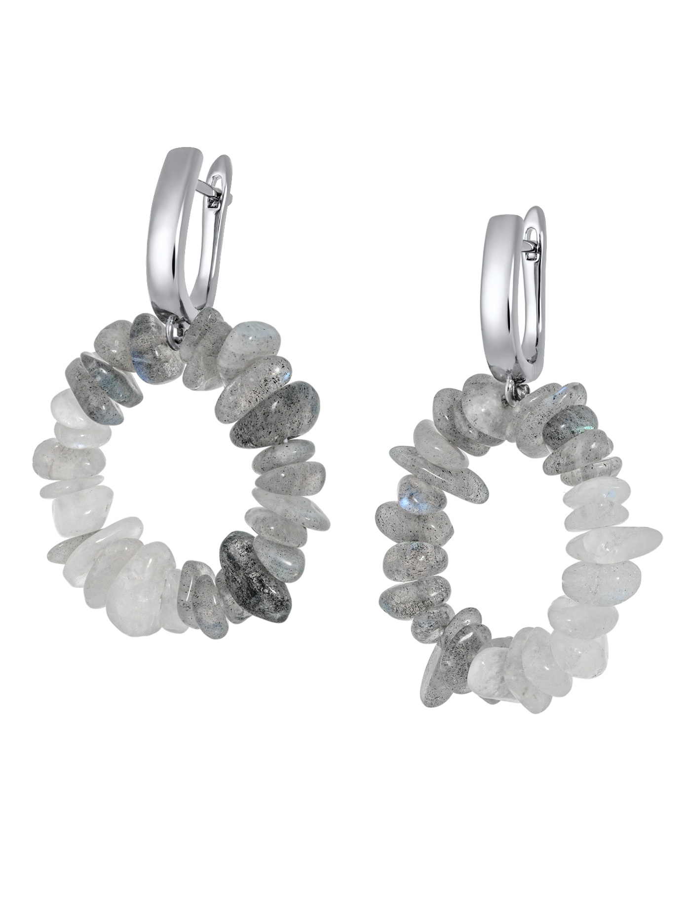 Дизайнерские круглые серьги с лунным камнем и лабрадором