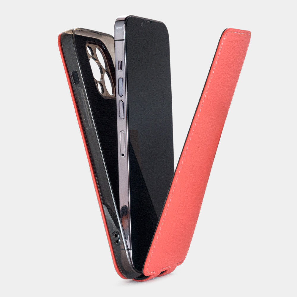 Чехол кожаный для iPhone 13 Pro Max кораллового цвета