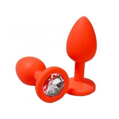 Анальная пробка из красного силикона с белым кристаллом (размер S)