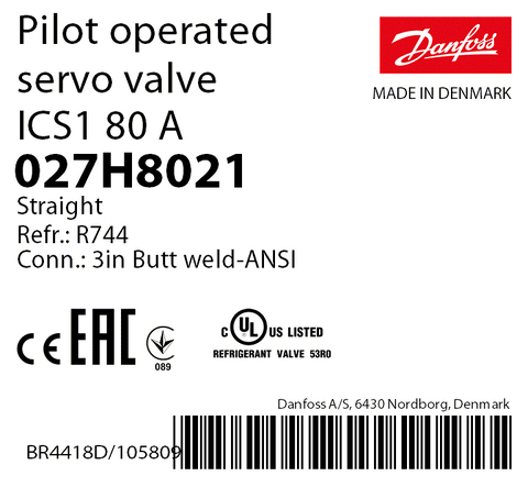 Пилотный клапан ICS1 80 Danfoss 027H8021 стыковой шов