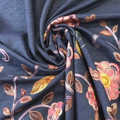 Ткань джинса темно-синяя с вышивкой 2092