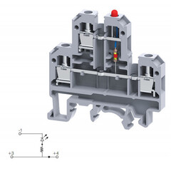 Двухуровневая клемма, винтовые зажимы проводника до 4 мм.кв. 32A/500V со светодиодной схемой - конфигурация EL2