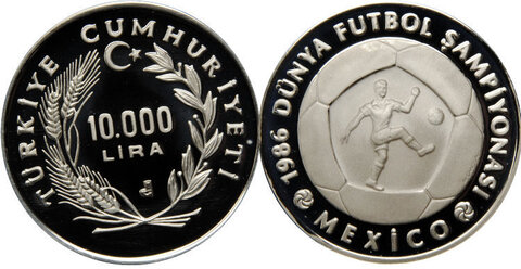 10000 лир Чемпионат мира по футболу Мексика 1986 г. Турция 1986 г. Proof