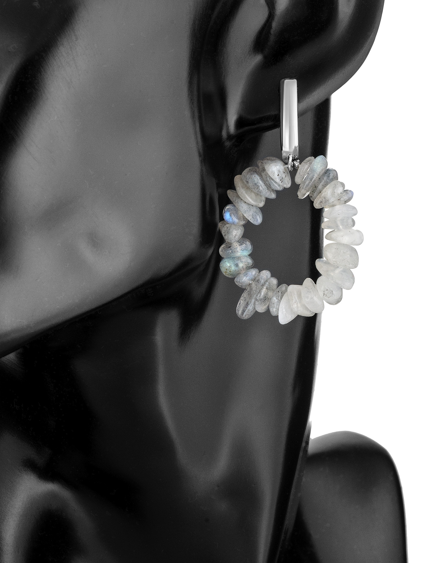 Дизайнерские круглые серьги с лунным камнем и лабрадором