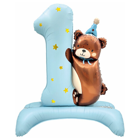 Шар цифра на подставке, 1 годик, мишка в колпачке, голубой сатин, бежевый, коричневый, 89 см