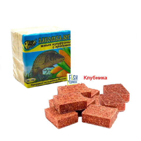 Жмых Лакомка-Юга с протеином кукурузный/КЛУБНИКА  ( 1 брикет/20 кубиков) 18 брикетов/ящик/ цвет красный/700-750г