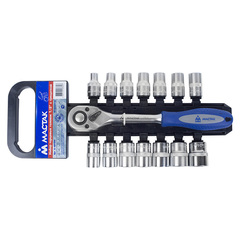 МАСТАК (0-4015H) Набор торцевых головок с трещоткой 1/2", 6-гранные, 8-24 мм, 15 предметов