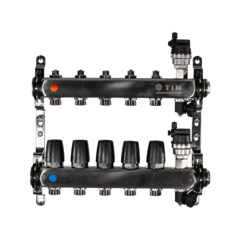Коллектор из нержавеющей стали для отопления без расходомеров TIM 1" - 3/4" Евроконус - 5 выходов