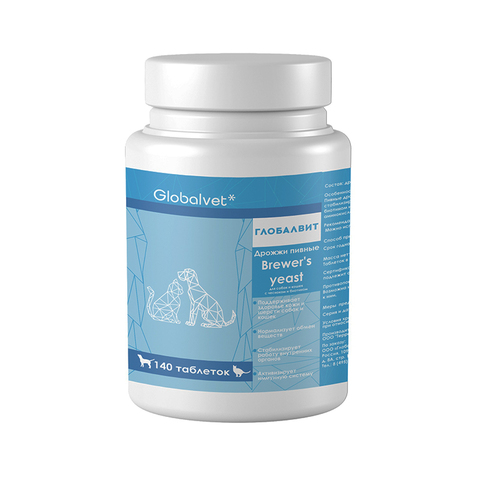 Дрожжи пивные GlobalVet Brewer's yeast с чесноком,биотином для собак,кошек 140 таб.(ГлобалВет)07.25