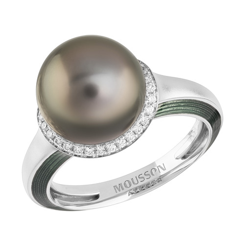 Кольцо с Чёрным Морским Жемчугом и Бриллиантами, Эмаль, R0143-4/2