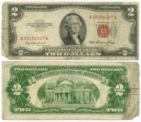 Банкнота США 2 доллара 1953 A 25156327 A. VG-