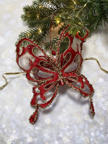 Маска бабочки 24см ChristmasDeLuxe premium collection красная/золотая