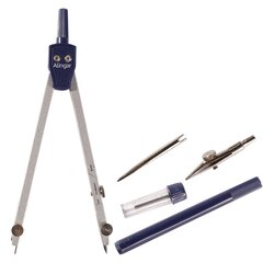 
          Готовальня Alingar, 5 предметов, металл. циркуль, удлинитель,точечная насадка, грифель, держ. для рейсф вставки,пласт. футляр, европодвес, синий