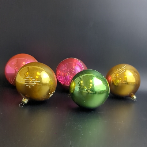 Ёлочные игрушки набор из 5 больших шариков, стекло, узоры, подвесные, винтаж СССР 1970-1990 гг
