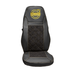 Чехлы VOLVO FH-12 после 2003 года: два высоких сиденья, ремни из сиденья (есть вырезы под ремень) (экокожа, черный, желтая вставка)