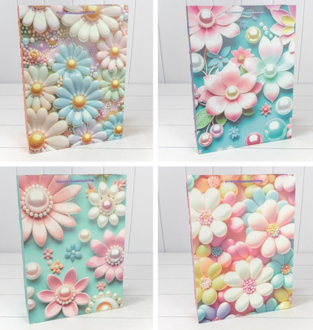 Пакет подарочный L вертикальный, Цветы с блестками, МИКС, 30*41,5*12 см (Д*В*Ш), 1 шт.