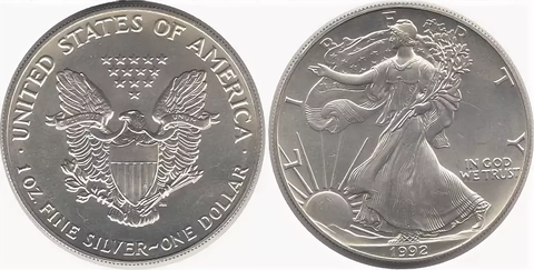 1 Доллар 1992 ШАГАЮЩАЯ СВОБОДА США Унция СЕРЕБРО