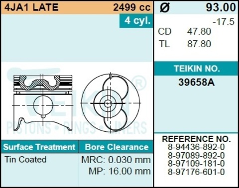 Поршень двигателя TEIKIN 39658A STD (4шт/упак)