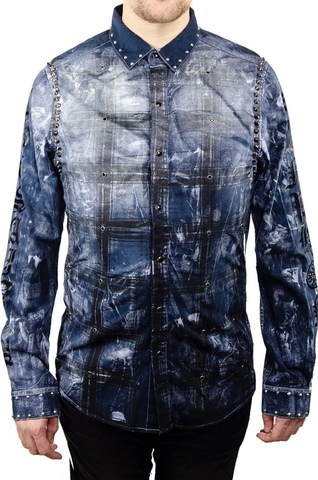 The Saints Sinphony | Рубашка мужская DISTRESSED FLANNEL BLUE BUTTON UP TS2815 перед на модели