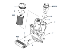 Сосотовляющие:  1- 51054050014 Редукционный клапан  2- 51055040122 вкладыш масляного фильтра  3- 51965010558 Круглое уплотнение  4- 51055050011 Крышка  4- См. отдельные детали Справочный номер  5- 51056017176 Масляный радиатор; с  6- 06562542203 Уплотнение  7- 06032158311 6-гран. фланцевый винт  8- 06032158315 6-гран. фланцевый винт  9- 51018040024 Маслоотделитель  10- 51965010644 Круглое уплотнение  11- 51965010645 Круглое уплотнение