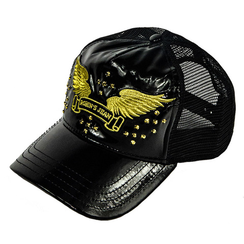 Robins Jean | Бейсболка TRUCKER CAP IN PATENT BLACK WITH GOLD WINGS AND CRYSTALS сбоку