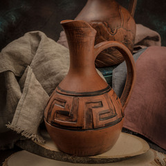Глиняный набор кувшин и 2 стакана с греческим орнаментом, фото 1
