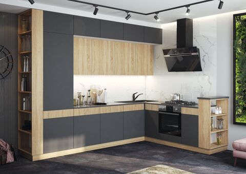 Кухня Техно-5 3,2*2,24м (Сонома/Графит софт NEW, Сонома (Кастилло темный))