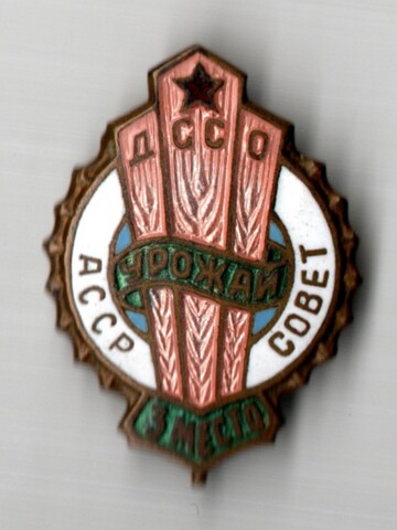 Знак 3-е место первенства ДССО (добровольного сельского спортивного объединения) "Урожай", латунь, эмаль, булавка, 1950-1970-е гг.