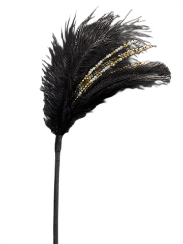 Веточка с перьями и бисером 20х36см ChristmasDeLuxe черная с золотом