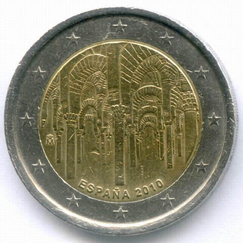 2 евро 2010 год. Испания. ЮНЕСКО - Исторический центр города Кордова. Биметалл VF-XF