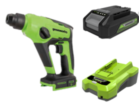 Аккумуляторный перфоратор Greenworks GD24SDS1,3803107UA,24v, 1.2 Дж, АКБ 2 А·ч и ЗУ