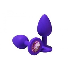 Анальная пробка из фиолетового силикона со светло-розовым кристаллом (размер S)