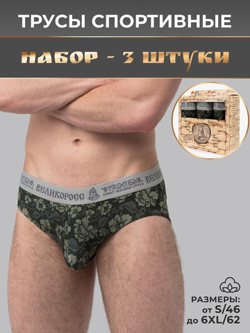 Комплект из 3-х спортивных трусов - «Зелёная хохлома»