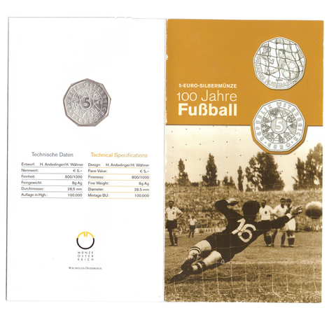 5 евро 2004 год. Австрия. 100 лет футболу. Серебро UNC в оригинальном буклете