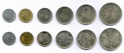 Полный набор из 6 монет Испании (50 сентимо; 1, 5, 25, 50 и 100 песет) 1980 год. Чемпионат мира по футболу 1982 г. AUNC