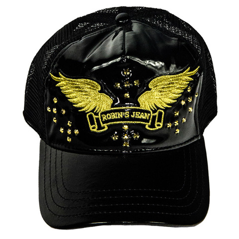 Robins Jean | Бейсболка TRUCKER CAP IN PATENT BLACK WITH GOLD WINGS AND CRYSTALS перед