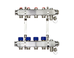 Коллектор распределительный Ридан SSM-4R set с кронштейнами, ручным воздухоотводчиком, сливным краном и торцевой заглушкой, 4 выходами