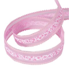
          Декоративная лента капроновая с фигурной каймой для декора и флористики, 2,5 см, намотка 25 ярдов, розовый, дизайн цветочный узор