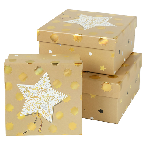 Коробка одиночная, Квадрат, Звезда и горошек, Бежевый, 15,5*15,5*7,5 см, 1 шт.