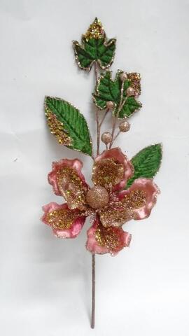 Цветок магнолии 20х48см ChristmasDeLuxe с листьями розовый с золотым глиттером на ножке