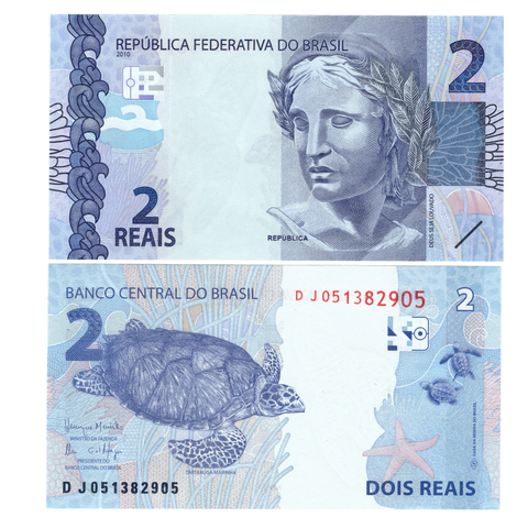 Банкнота Бразилия 2 реала 2010 год DJ051382905. UNC