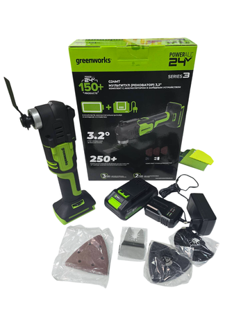 Аккумуляторный реноватор Greenworks G24MT, QOIS, 5000-18000/мин, 3,2°, LED, оснастка 13 шт, 1x2Ач,ЗУ,кор